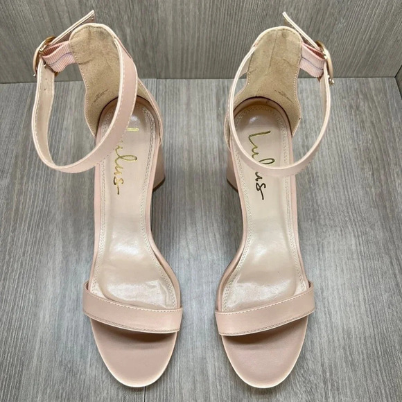 Lulus Sandals Womens Sz 9 Open Toe Ankle Strap High Heel Faux Leather Nude Beige - Picture 6 of 11
